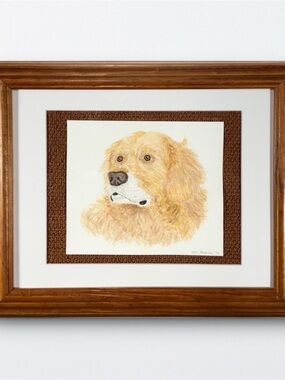 Golden Retriever Dog Portrait Vintage Framed Watercolor Art Signed